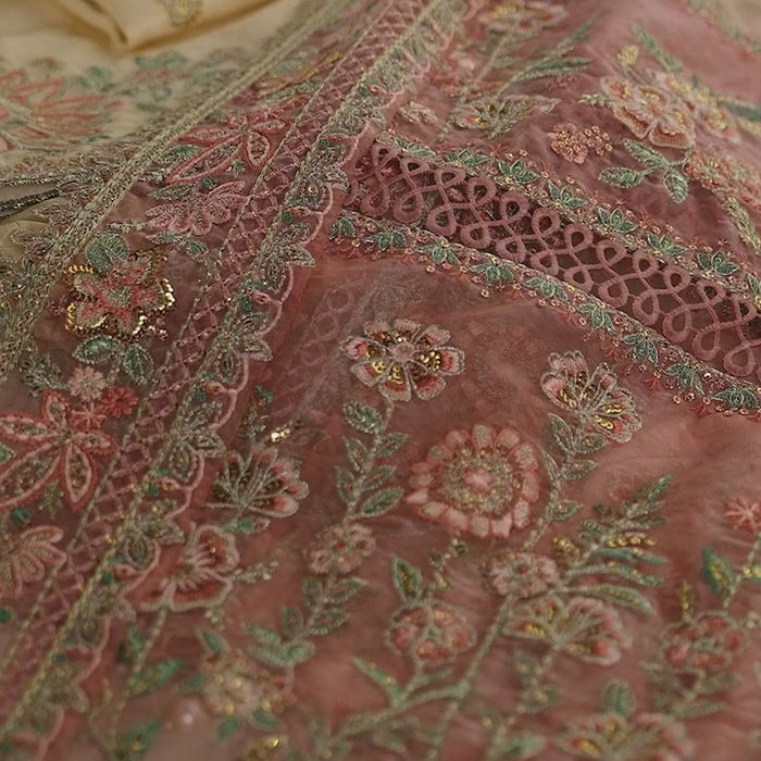 Fabric close-up highlighting intricate embroidery and luxurious finish of 'Tehreer' from the Pehla Khat collection.