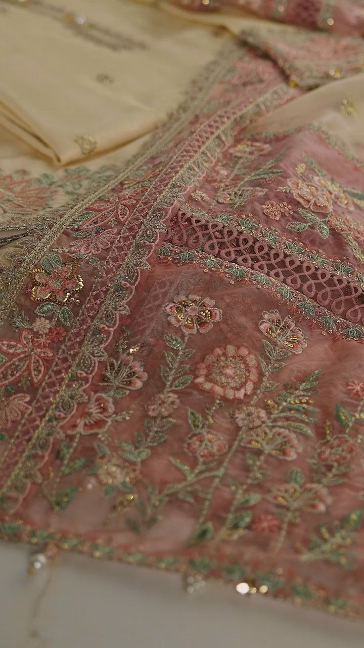 Fabric close-up highlighting intricate embroidery and luxurious finish of 'Tehreer' from the Pehla Khat collection.