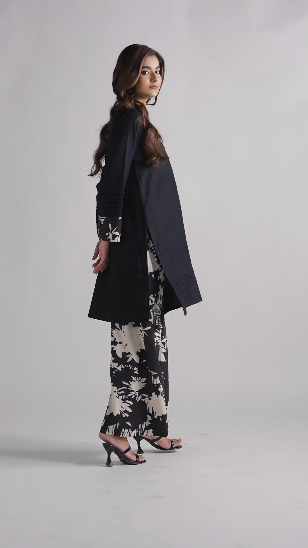 The 'Roha' by Sinoor: an elegant black ready-to-wear kurta and printed trouser set from our Winter '25 Basic Collection. Perfect for everyday style.