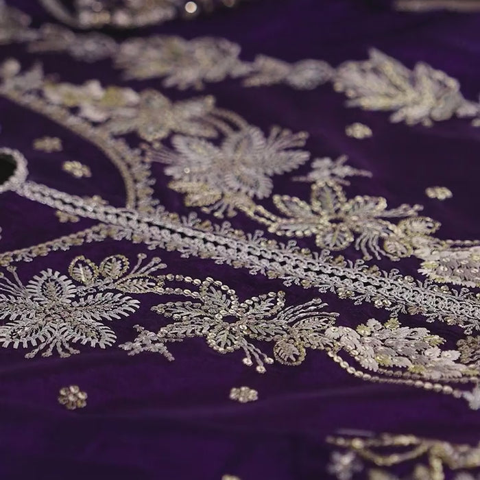 Fabric close-up highlighting intricate embroidery and luxurious finish of 'Khumaar' from the Pehla Khat collection.