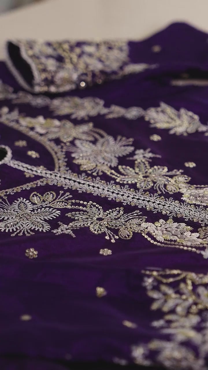 Fabric close-up highlighting intricate embroidery and luxurious finish of 'Khumaar' from the Pehla Khat collection.