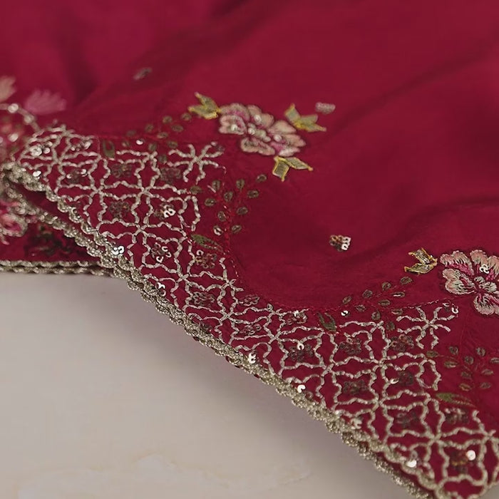 Fabric close-up highlighting intricate embroidery and luxurious finish of 'Chahat' from the Pehla Khat collection.