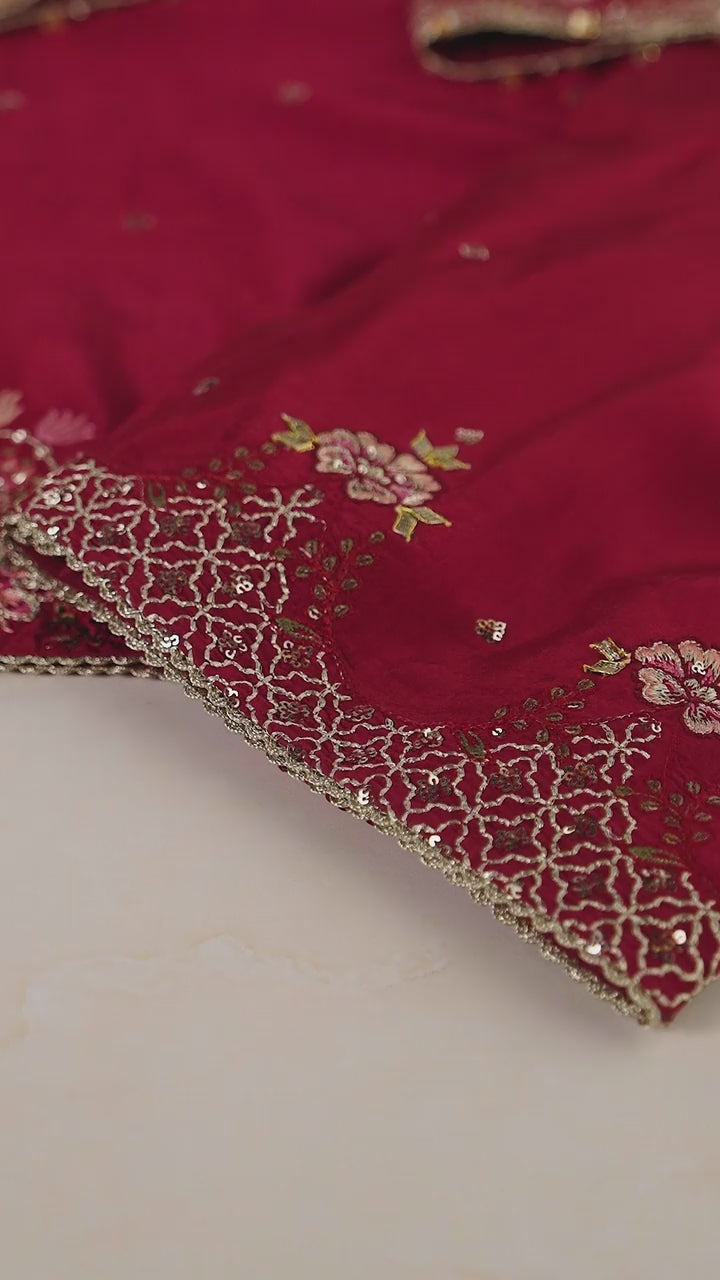 Fabric close-up highlighting intricate embroidery and luxurious finish of 'Chahat' from the Pehla Khat collection.