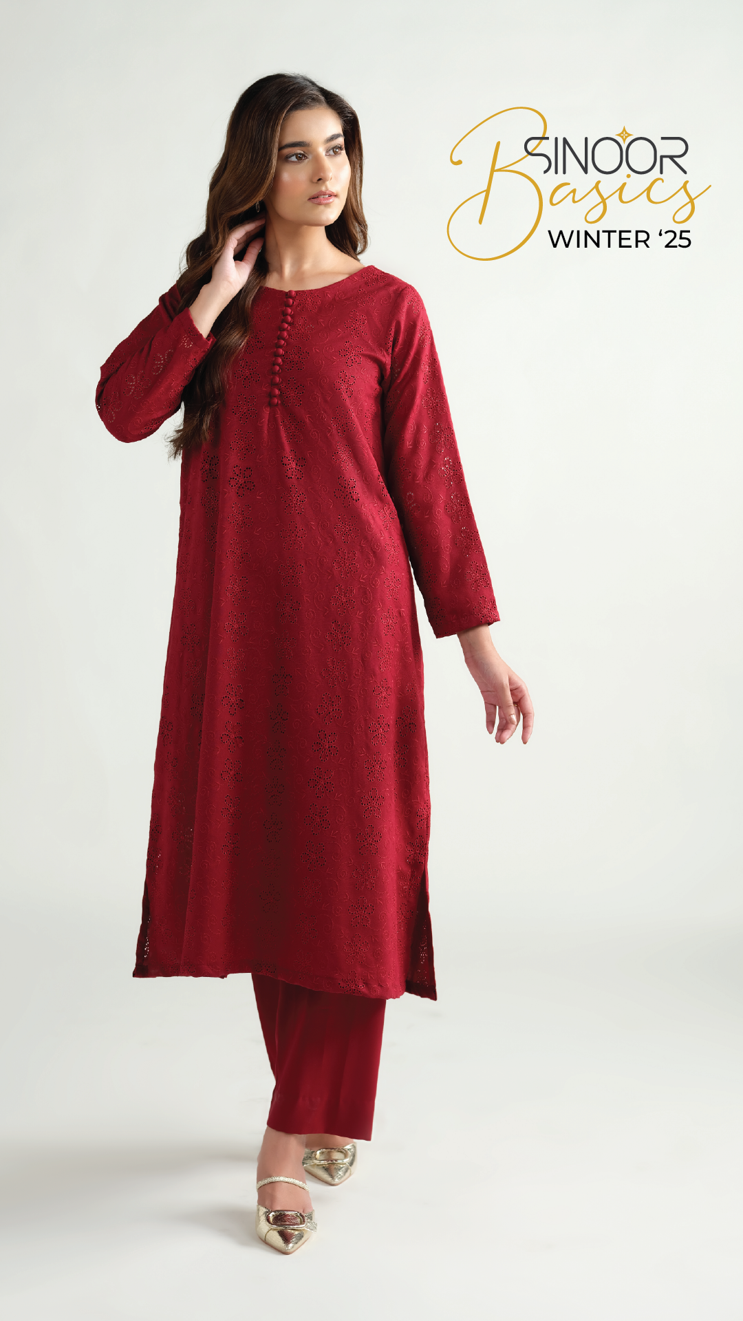 Sinoor's 'Zarine' red schiffli pret suit from the Winter Basic Collection. Features an A-line kurta and matching trousers. Ready-to-wear for women.
